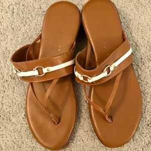 Italian Shoemakers 2” Wedge Sandals Brown & White Leather w/Gold accent, Size 8